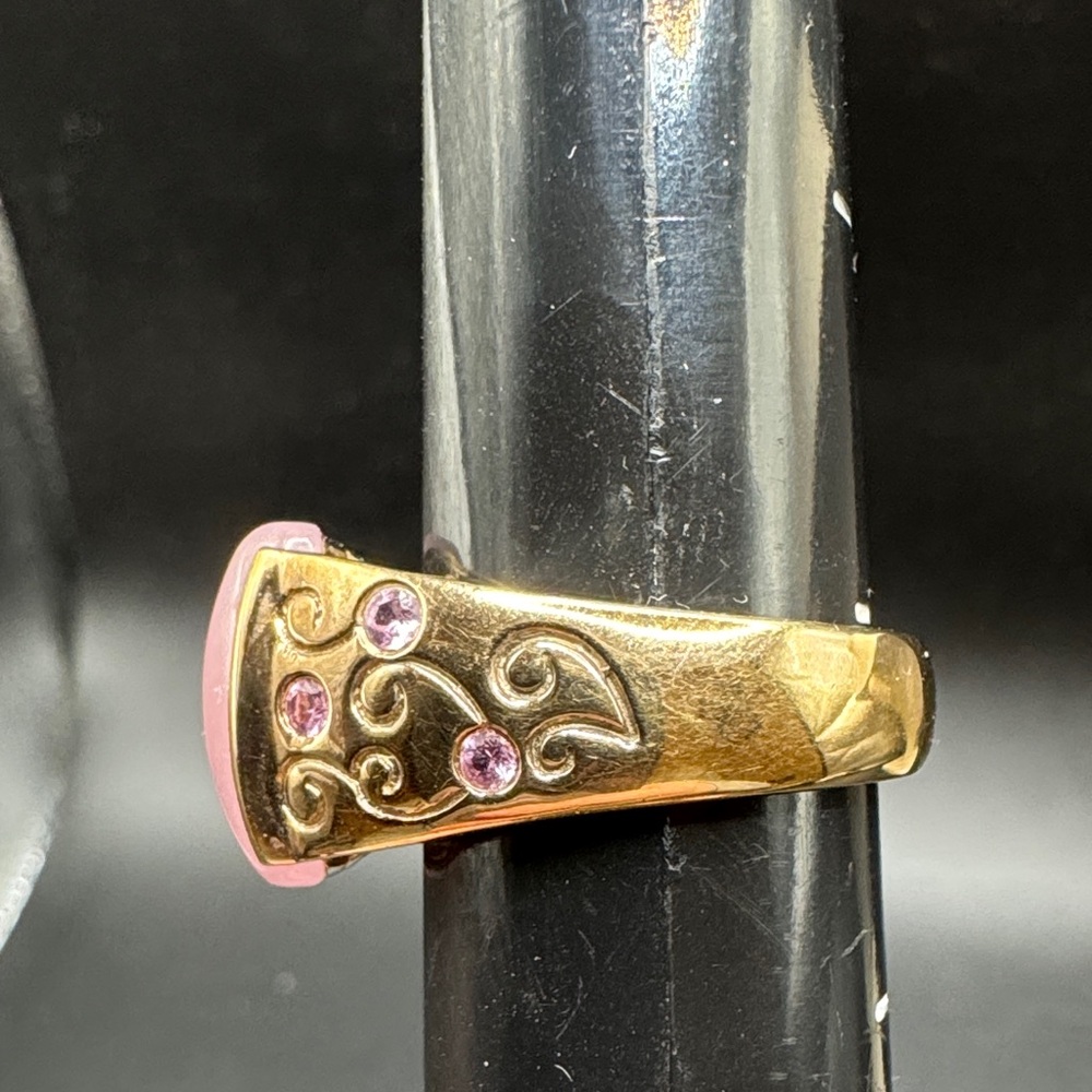 925 Sterling Size 9 Silver Rose Quartz & Pink Sapphire Gold Plated Ring 8.7 G - Picture 5 of 9